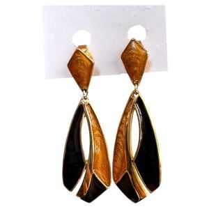 Trifari Dangle Earrings Gold Black Statement Clip On‎ Vintage